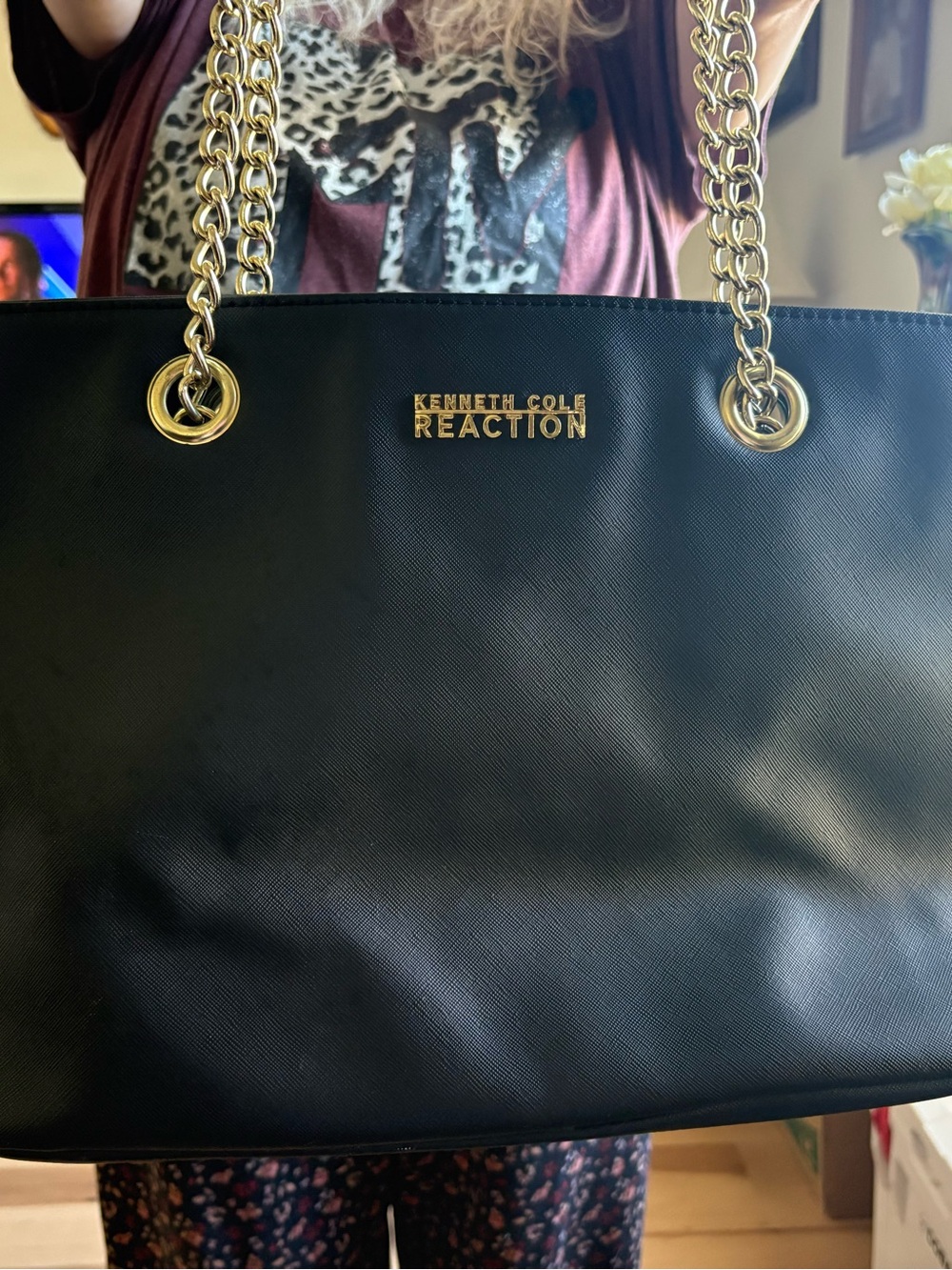 Kenneth Cole Reaction Black Tote with Gold Chain Handles and Logo